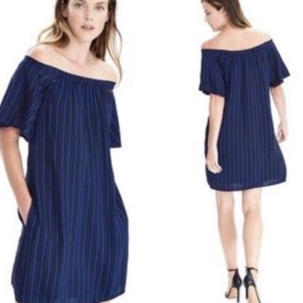 Banana Republic blue and black striped off the shoulder dress 4 Tall NWT